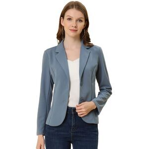 Women's Stretch Lapel Collar Long Sleeve Jacket Suit Blazer Gray Blue